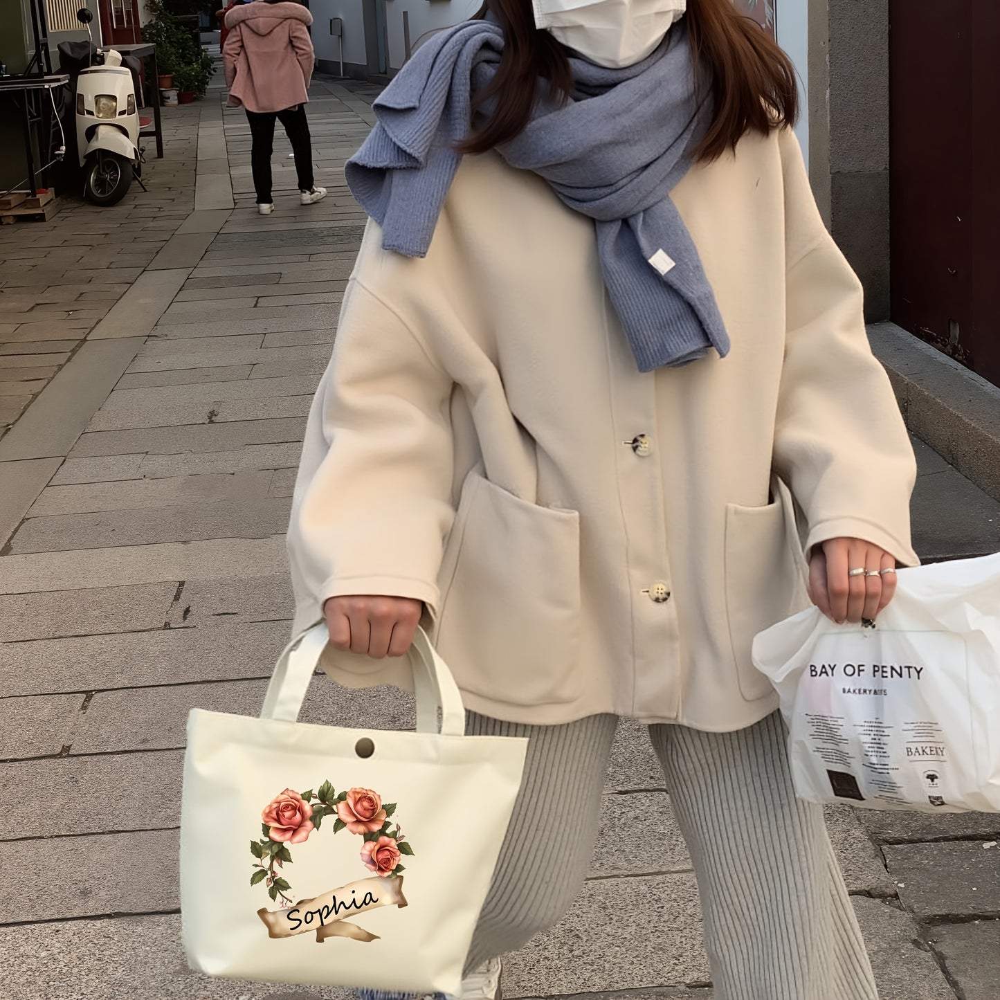 Customizable Canvas Tote Bag for Women - Personalized Mini Handbag with Button Closure, Black with Red Text, Perfect for Work, Commute, Shopping & Parties, Mini Purse