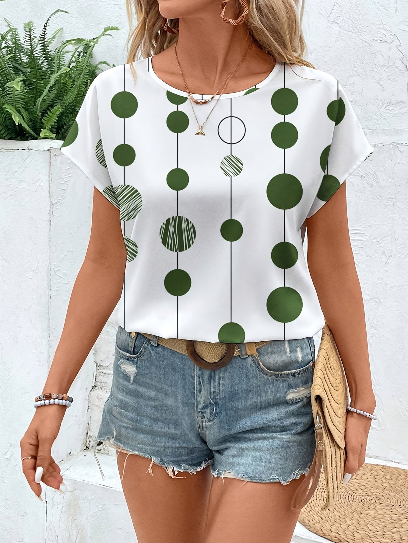 Women's Casual Green & White Geometric Print Long Sleeve Blouse - Lightweight Polyester, Round Neck, Machine Washable, Perfect for Spring/Summer/Fall
