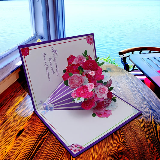 3D Pop-Up Rose Bouquet Greeting Card with Handwritten Message Area - Vibrant Pink & Red Floral Design on Premium Cardstock - Unique Birthday, Anniversary, Graduation Gift for Parents, Friends, Grandparents