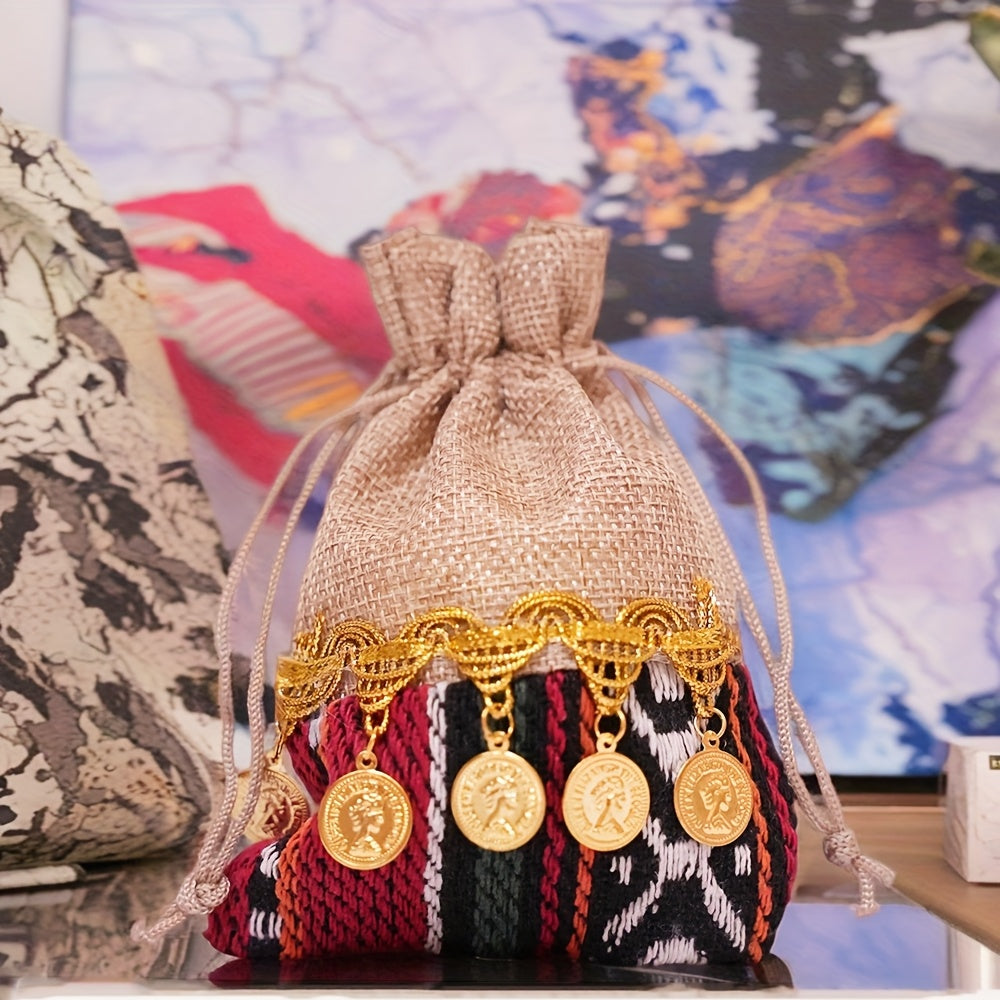 12pcs Vibrant Indian-Inspired Drawstring Bags - Durable Jute with Golden Coin Embellishments, Ideal for Jewelry, Weddings & Birthday Parties, Party Favor Bags|Traditional Design|Jute Material, Jewelry Bag