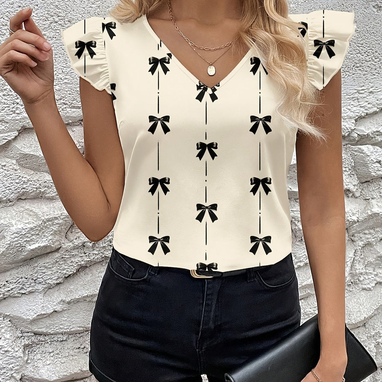 Graceful Women's Bow Print Flutter Sleeve Blouse Short-Sleeve Top