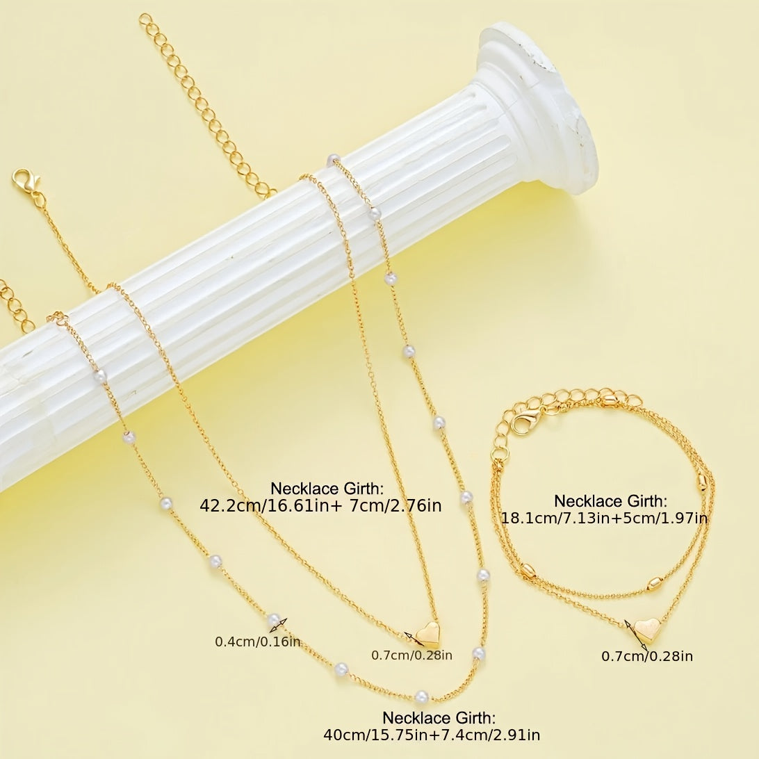 3pcs Elegant Minimalist Heart-Shaped Faux Pearl Necklace Bracelet Set, Adjustable Adjustable Chain, Suitable for Women'S Daily Wear and Holiday Gifts, Classic Versatile Commuter Style Valentine'S Day Present