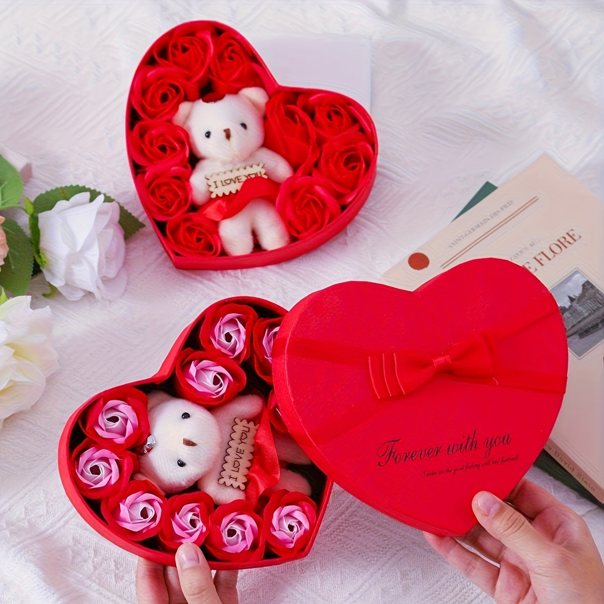 10pcs Romantic Rose Soap Gift Set with Teddy Bear - Heart-Shaped Plastic Box for Wedding, Bridal Shower, Birthday, Anniversary, Christmas, Thanksgiving, Valentine's Day, Mother's Day, Graduation - No Electricity Needed, Feath