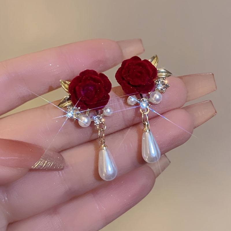 Luxury Floral Stud Earrings with Faux & Rhinestone Tassels, Copper Base & 925 Sterling Silver Posts