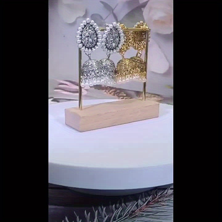 Bohemian Ethnic Golden-Tone Earrings with Imitation Pearl Accents & Synthetic Stones