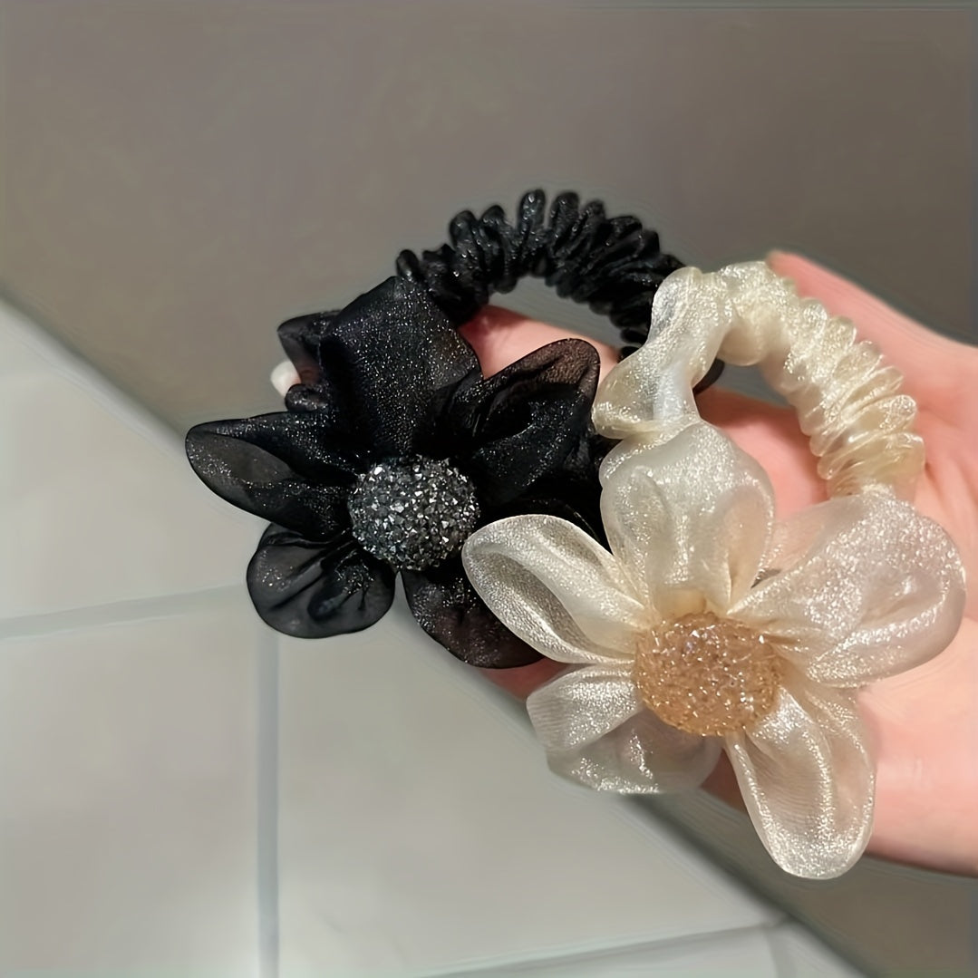2pcs Elegant Rhinestone Sunflower Hair Scrunchies - Stretchy Mesh Ponytail Holders with Sparkling Crystals, White & Black Floral Design, Versatile Hair Accessories for Women, Perfect Gift for Holidays, Birthdays & Special Occ