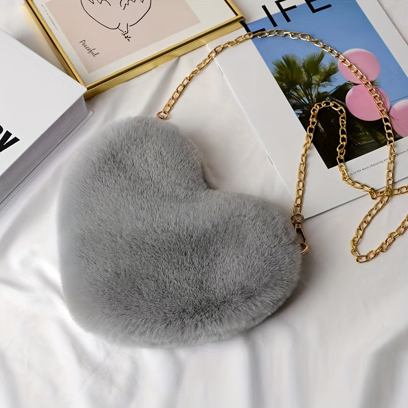 Chic Heart-Shaped Plush Crossbody Bag - Fashionable Zippered Shoulder Purse
