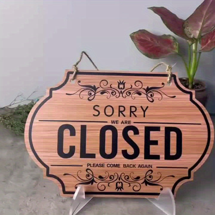 Double-Sided Open/Closed Sign - Durable PVC Business Hours Hanging Sign with Rope, Elegant Scrollwork Design for Shop, Bar, Hotel Wall or Window Display