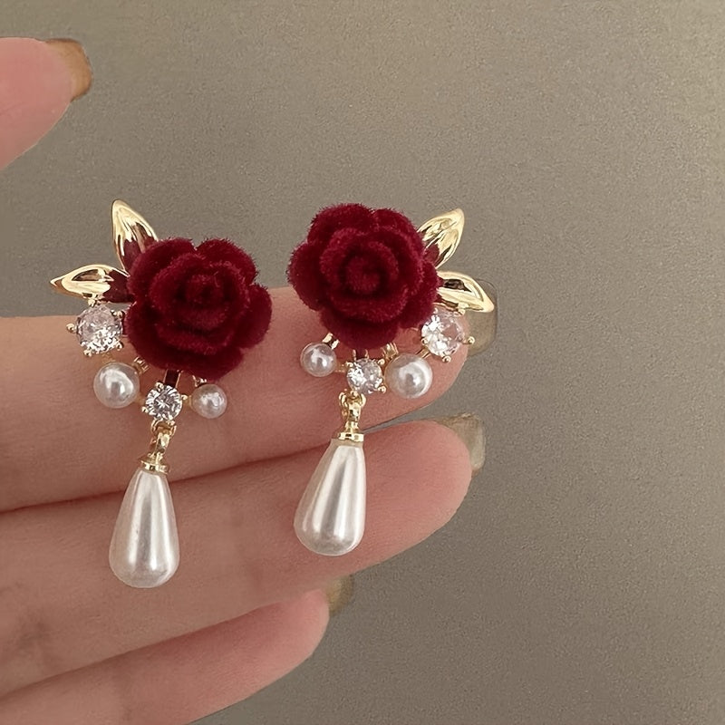 Luxury Floral Stud Earrings with Faux & Rhinestone Tassels, Copper Base & 925 Sterling Silver