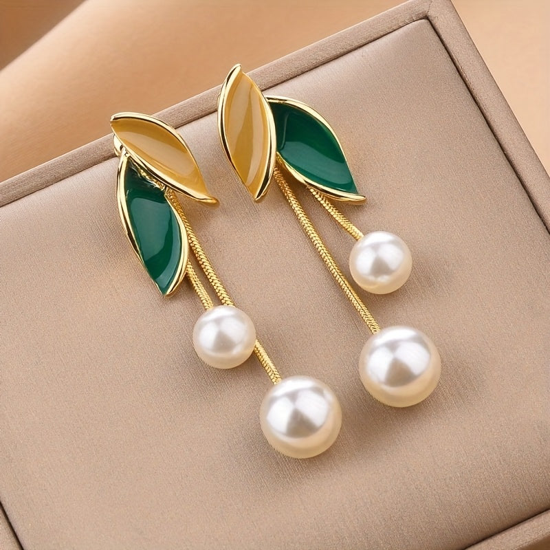 Elegant Leaf-Shaped Drop Earrings with Imitation Pearls