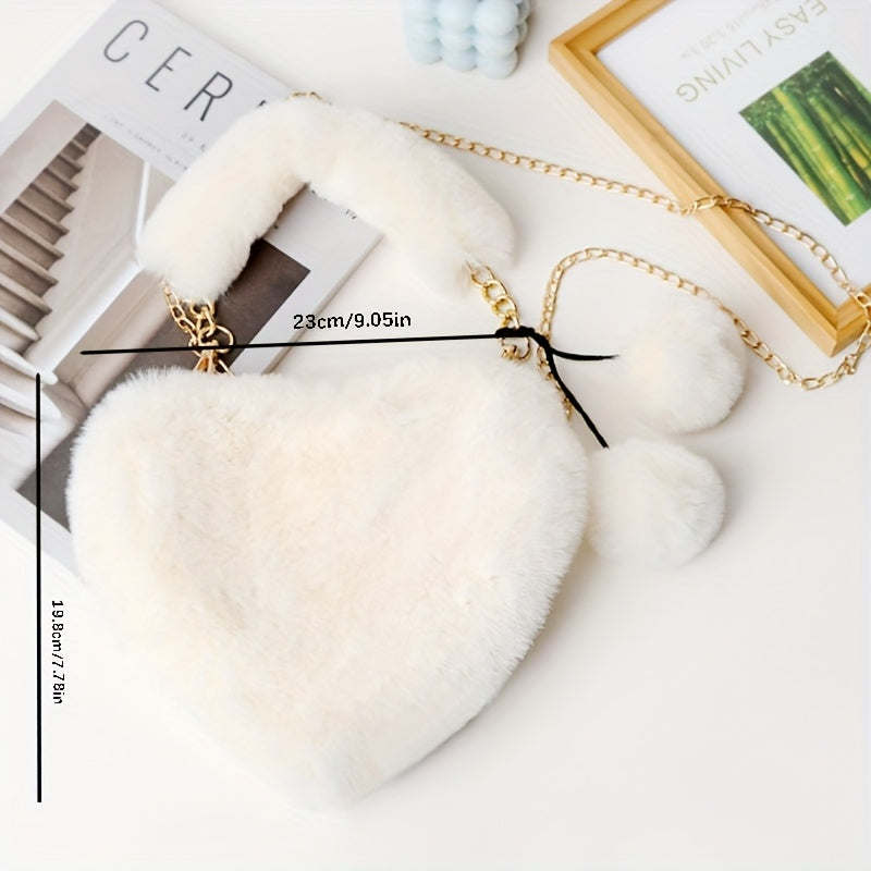 1pc Cozy Heart-Shaped Faux Fur Crossbody Bag, Polyester Plush Love Purse with Chain Shoulder Strap, Soft Pink/White/Black Fashion Handbag, Ideal for Christmas & Valentine'S Day Gifts