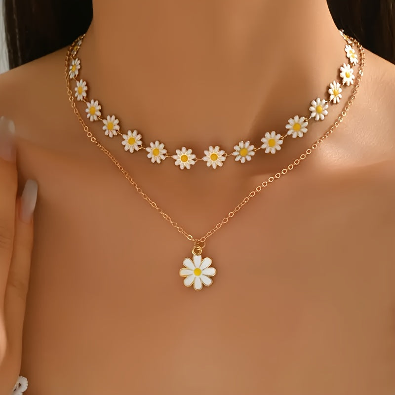 2pcs Fashion Classic Daisy Chain Necklace Set with White Flower Pendant, Double Layer Collarbone Necklace for Women - Perfect for Daily Wear and Party Accessories