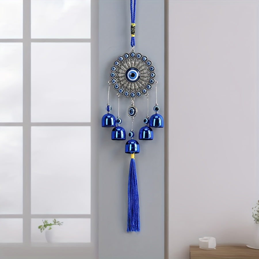1pc Blue Evil Eye Wind Chime with Tassels – Metal Wall Hanging Decor for Outdoor, Balcony, or Patio – Intricate Design with Bells and Threads in Blue and Yellow, Wind Chimes for Outside