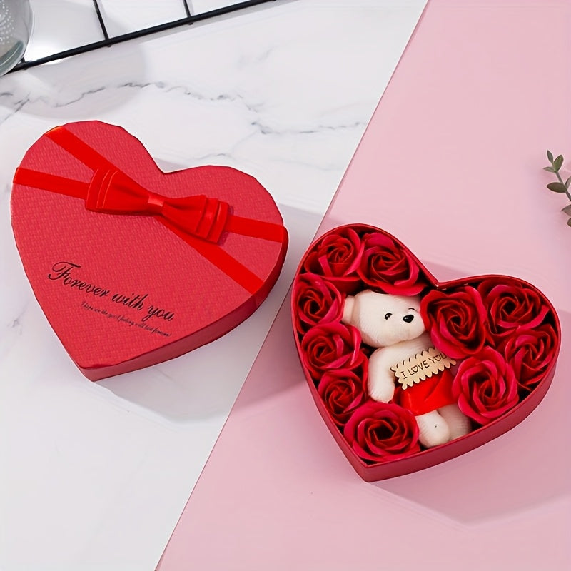 10pcs Romantic Rose Soap Gift Set with Teddy Bear - Heart-Shaped Plastic Box for Wedding, Bridal Shower, Birthday, Anniversary, Christmas, Thanksgiving, Valentine's Day, Mother's Day, Graduation - No Electricity Needed, Feath