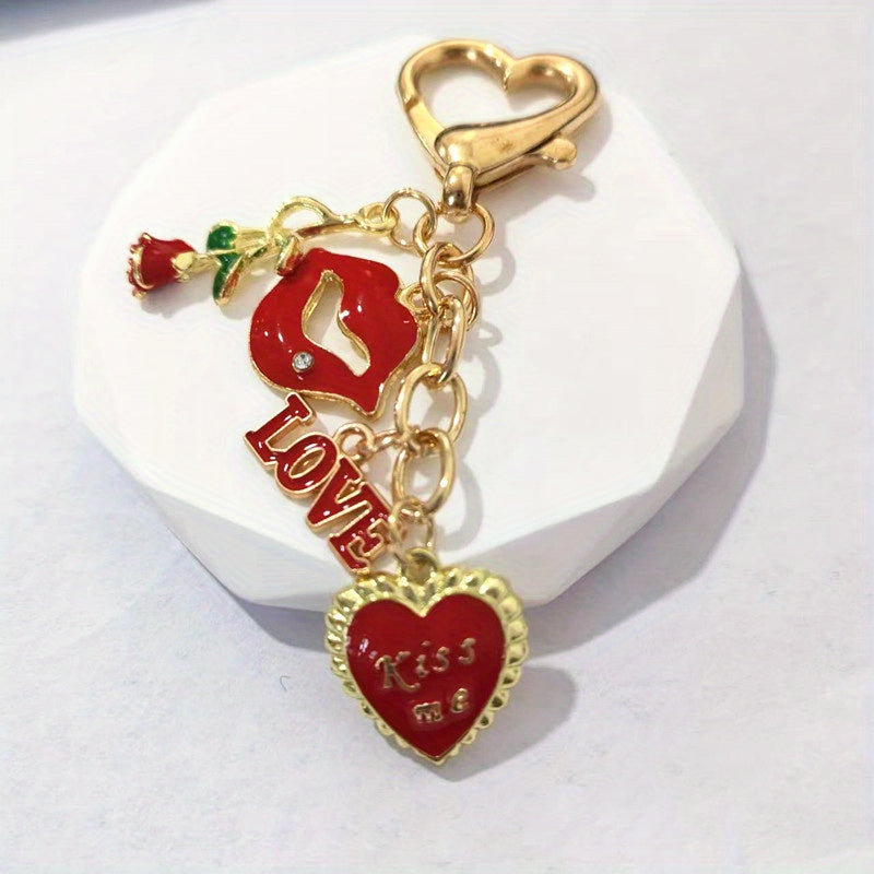 Valentine's Day Gift for Her - Retro Rhinestone-Embellished LOVE Letter & Heart Charm Keychain with Red Lips, Golden-Tone Alloy Purse Accessory for Keys or Bags, Stylish Key Organizer, Bold Lip Design, Rhinestone Embellishmen
