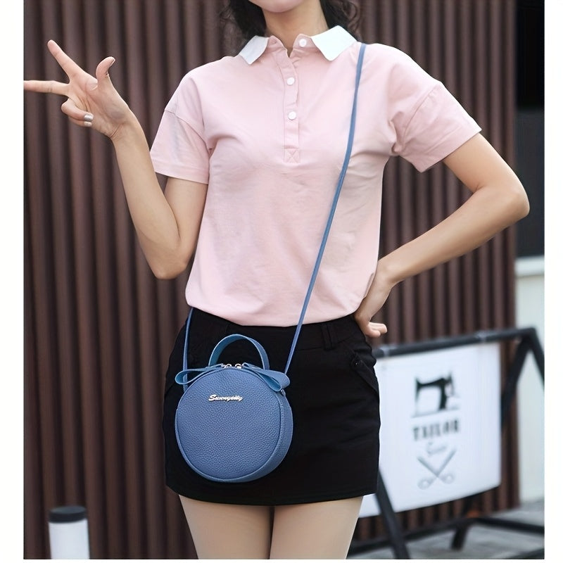 Women's Small Round Handbag - Detachable Crossbody/Handbag with Golden-Tone