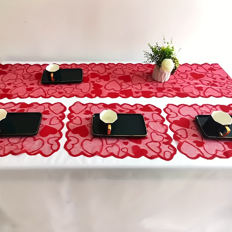 1/5pcs Valentine's Day heart-shaped red lace table flag placemat set for home decoration, anniversary parties, romantic home decoration tablecloths for weddings and Valentine's Day decorations