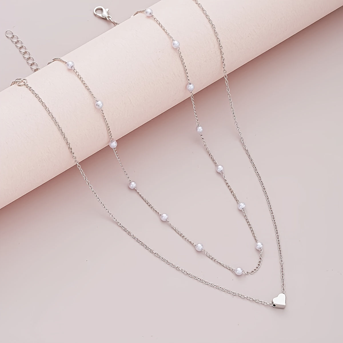 3pcs Elegant Minimalist Heart-Shaped Faux Pearl Necklace Bracelet Set, Adjustable Adjustable Chain, Suitable for Women'S Daily Wear and Holiday Gifts, Classic Versatile Commuter Style Valentine'S Day Present