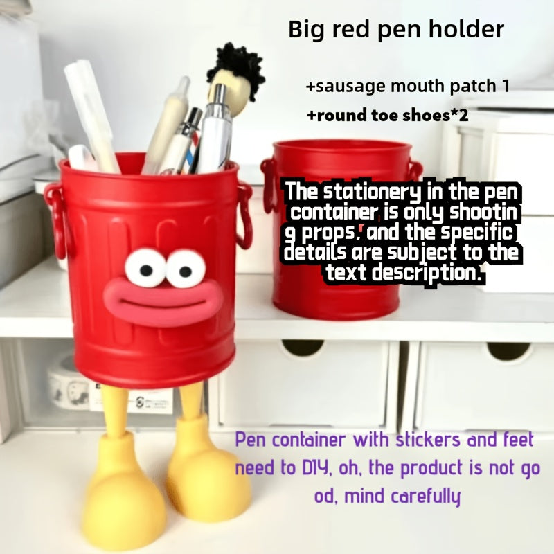 3pcs Set Cute Smiling Face Pen Holders with Expressive Eyes & Mouth - Heavy-Duty Plastic Desktop Storage Organizers with Green & White Lids, Labelled Compartments for Office & Home School Supplies, Fun Desk Organizer Set (Ide