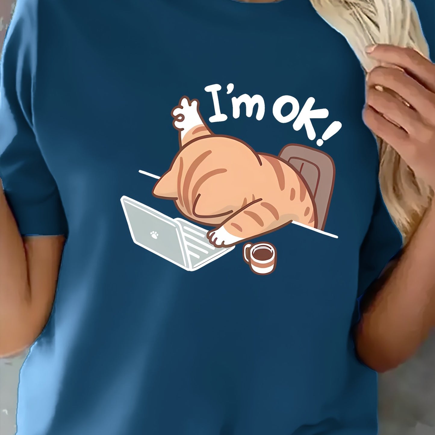 Women'S Casual Crew Neck Short Sleeve T-Shirt - "I'm Ok!" Cat Design, Soft & Comfortable Fabric, Perfect for Spring & Summer Outfits, Casual Wear | Playful Graphic Tee | Comfortable Fit