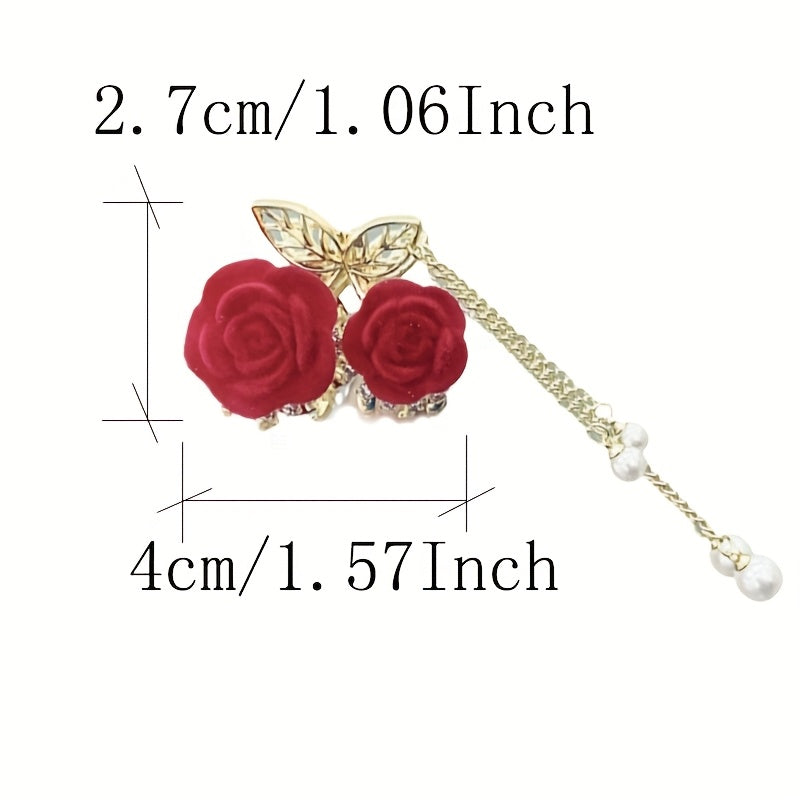 1pc Elegant Red Rose Tassel Claw Clip for Women - Sparkling Rhinestone Hair Accessory with Golden Accents, Perfect Gift for Special Occasions, Hair Accessories for