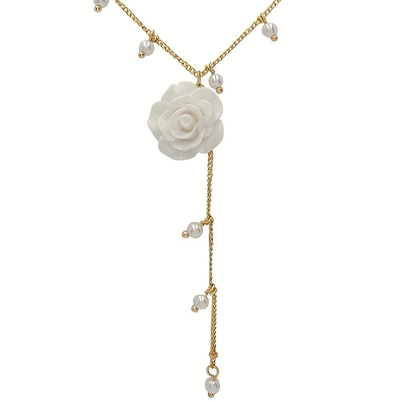 1pc Elegant Rose & Necklace with Cascading Tassel Pendant - White Floral Chain with Green Center, Artificial & Rose, Versatile Everyday Jewelry Gift for Women, Valentine's Day, Anniversary, Birthday, Year-Round Wear