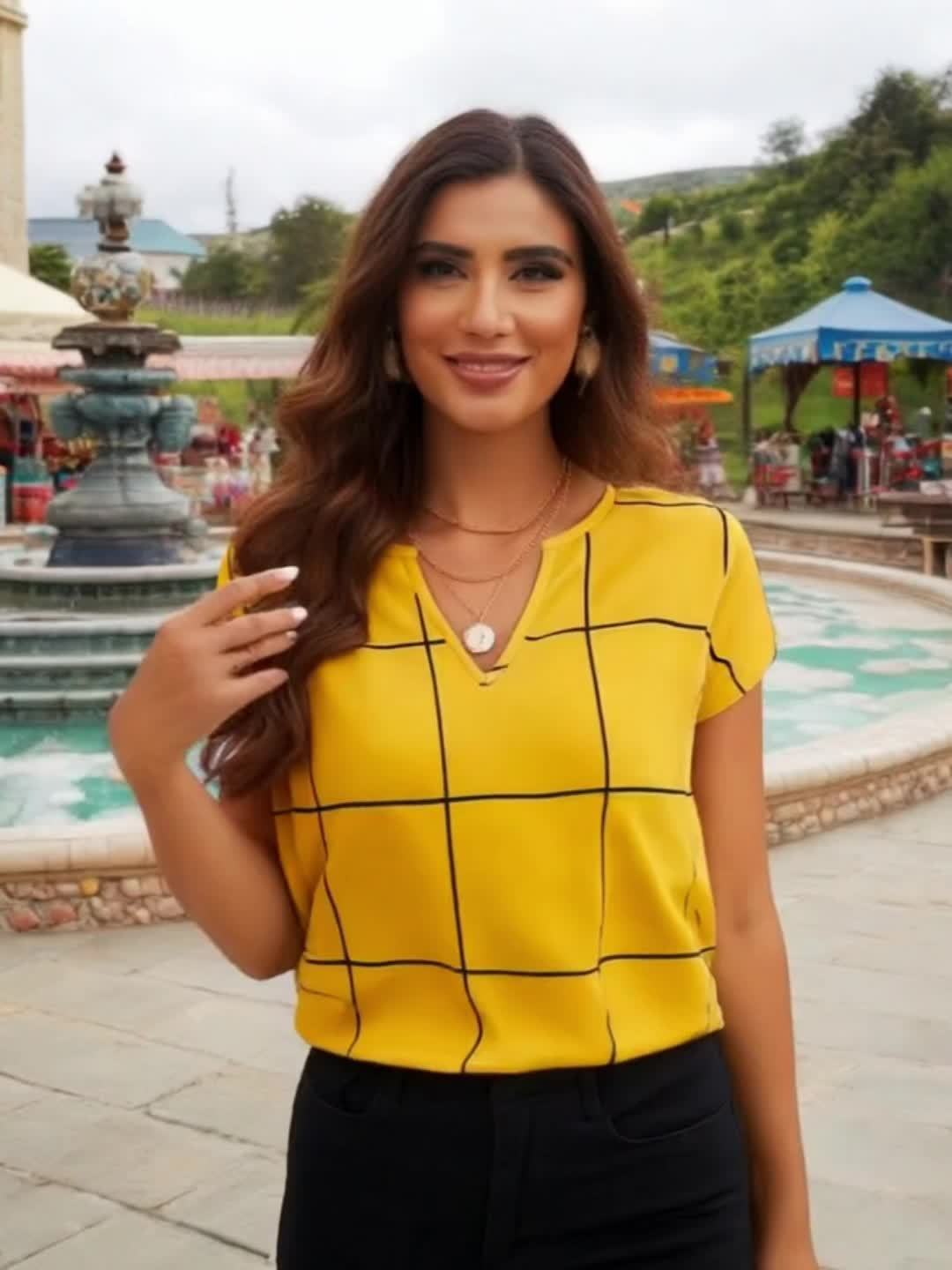 Women's Casual Plaid Print Shirt, V-Neck Short Sleeve Buttonless Blouse, Perfect for Spring and Summer Daily Outings, Vacation, Commuting, Stylish Women's Top, Cute T-Shirt, V-Neck, Summer Wear, Elegant Top, Casual Shirt, Ret