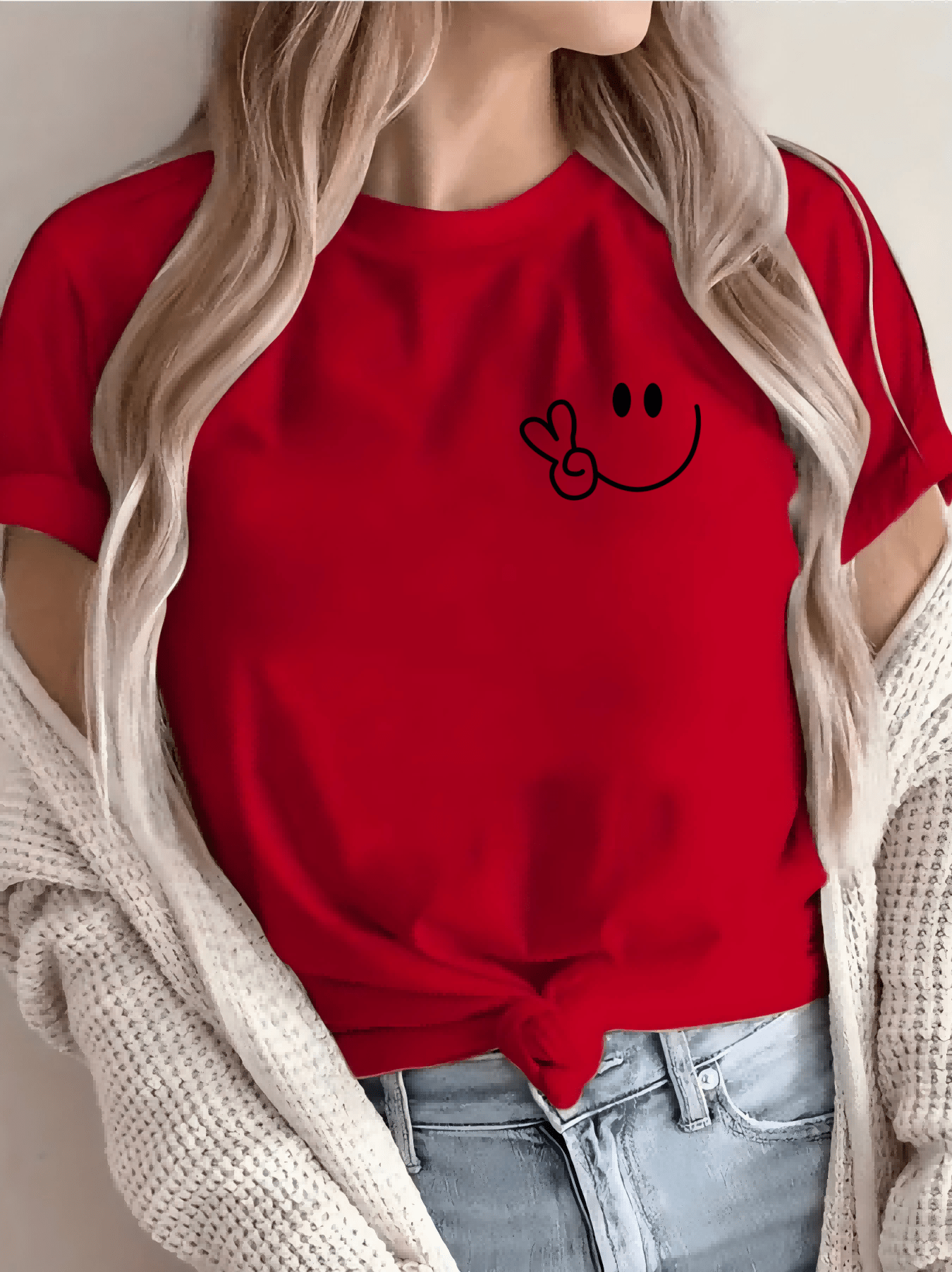 Women'S Casual Crew Neck T-Shirt with Smile Face Graphic, Short Sleeve, Regular Length, Letter Print Design, Soft Fabric, Perfect for Spring and Fall
