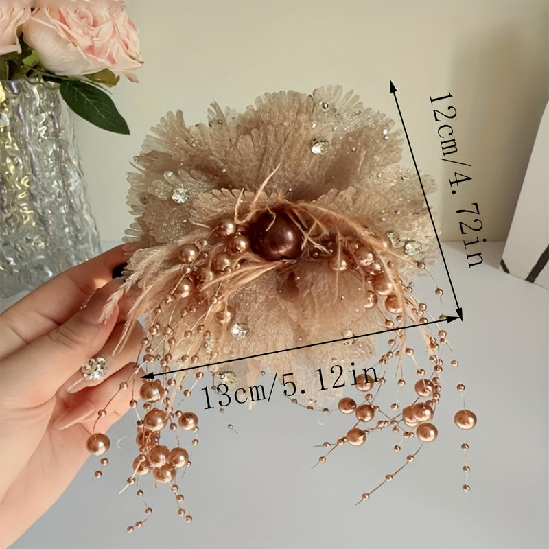 Feather beaded tassel flower hair clip, fluffy peony flower grappling clip for increased hair volume, shark clip for elegant hair flower accessory