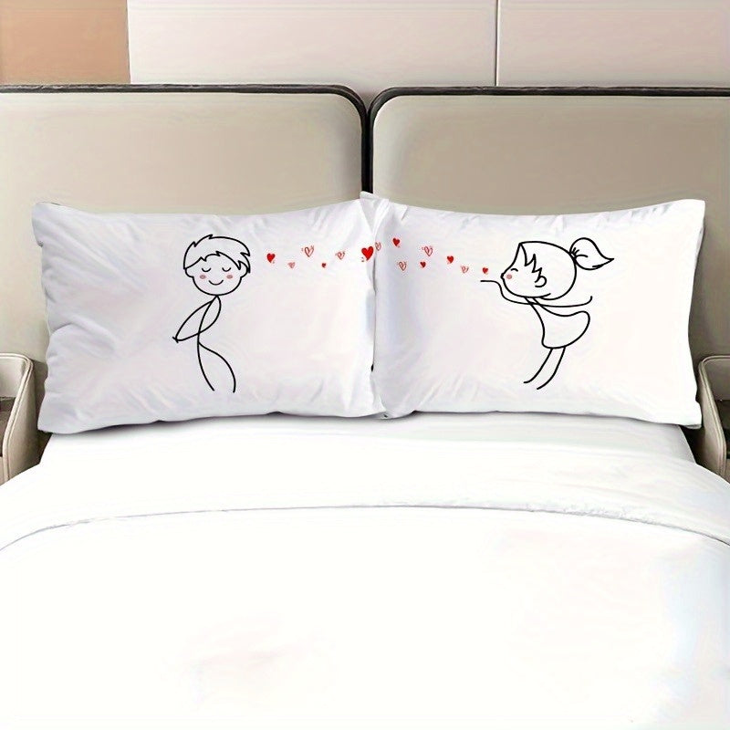 2-Pack Romantic Couple Cartoon Pillowcases - French Style Endless Love Design, Soft Polyester Single-Sided Print, Wrinkle & Fade Resistant, All-Season White Bedding with Zipper Closure (Pillow Inserts Not Included), Bed Room
