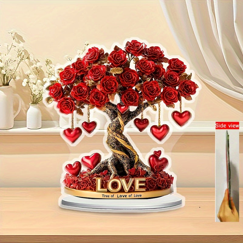 2D Flat, 1pc Bohemian Acrylic 2D Crystal Heart Rose Tree Decoration with Golden Base & Red Roses - "Tree of Love" English Inscription, No Batteries Needed, 2D Flat, Christmas Decor