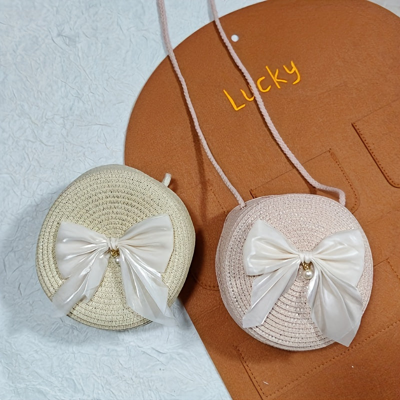 Elegant Coffee-Colored Round Woven Crossbody Bag with Pearl Bow Detail