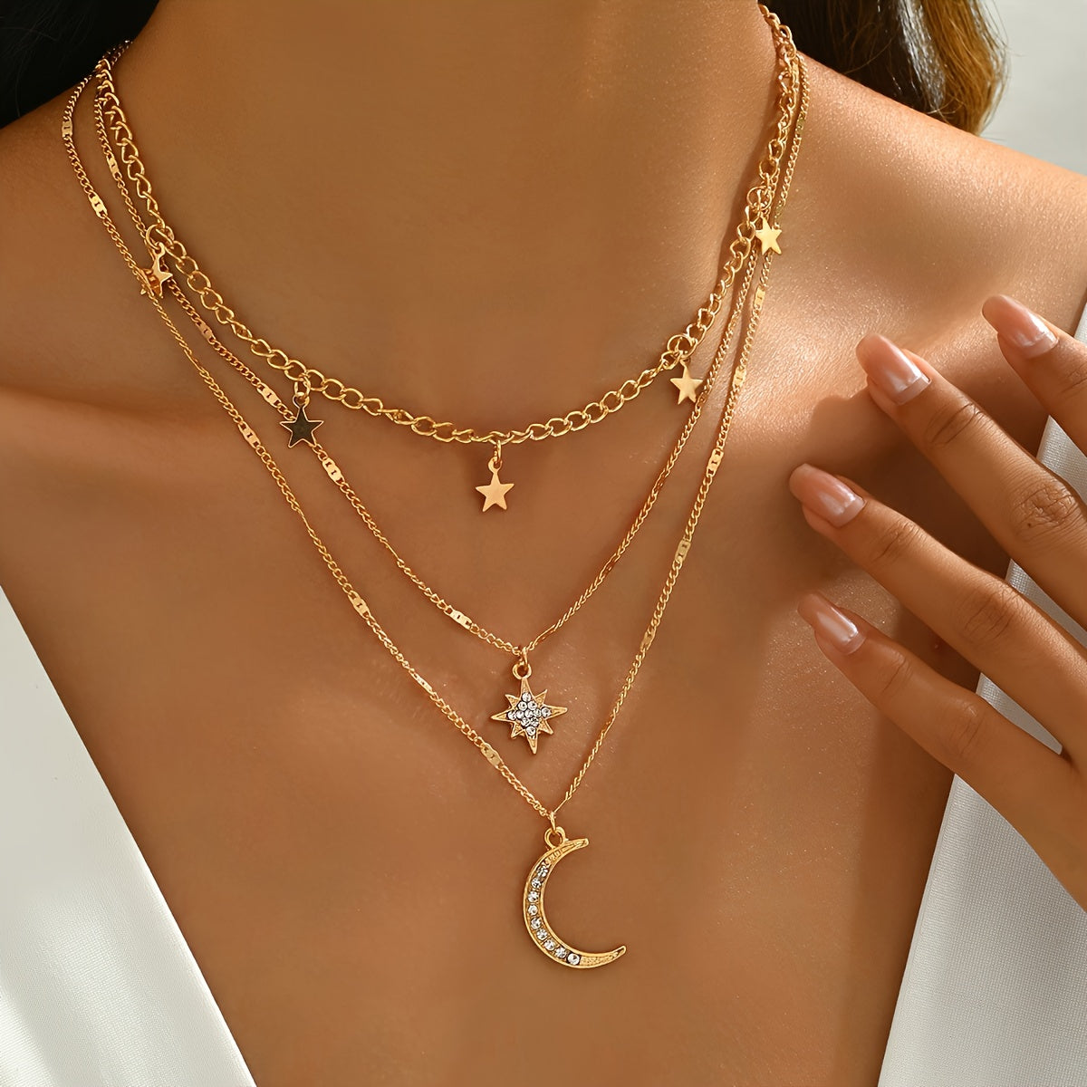 An Elegant Bohemian Style Multi-Layer Golden Necklace with Star and Moon Pendants - Perfect Gift for Friendship, Suitable for Gifting and Casual Attire, For Teenager