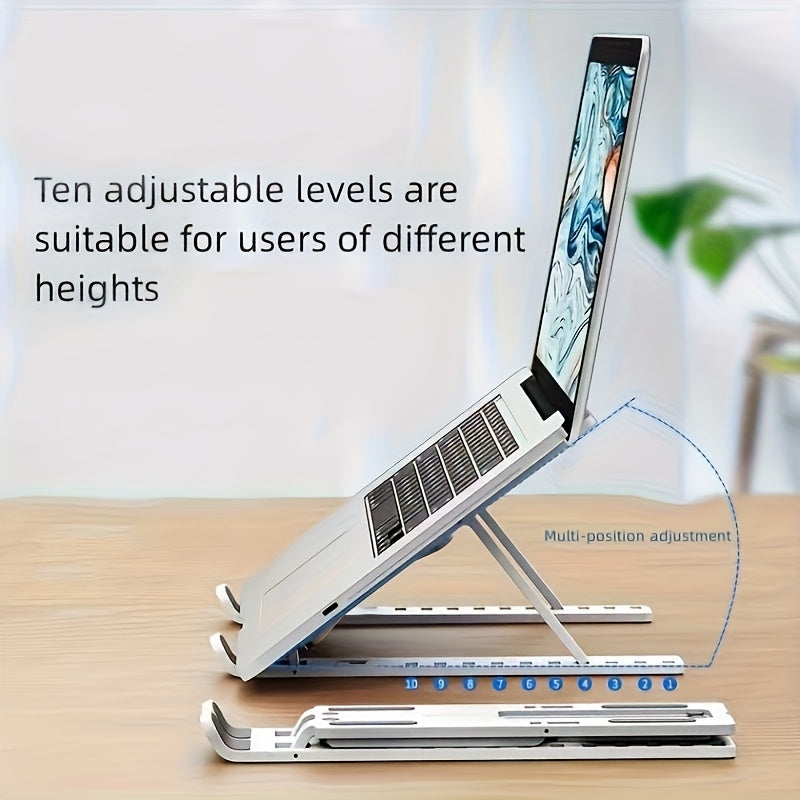 1 Portable Foldable Laptop Stand - 10-Level Adjustable Cooling Desk Support, Space-Saving Design for All Computers, White, Sturdy Structure, 4 Seasons Use