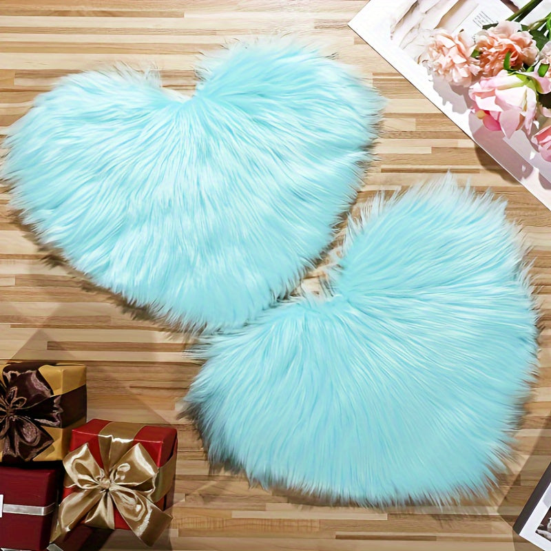2pcs Black Plush Heart-Shaped Mat Ornaments - Soft Faux Artificial Wool, Machine Washable, Decorative Floor Mats for Bedroom, Living Room & Dressing Table, Perfect Christmas Gift with Elegant Floral Accents, Bedroom Decor | P