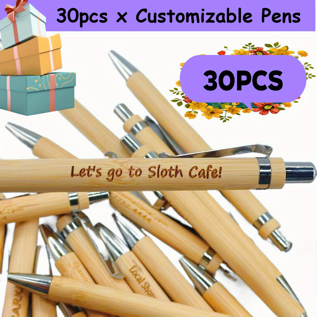 30pcs Customized Engraved Bamboo Pens, Black Ink, Stick Construction, for Teachers, Office, Supplies, Colleagues, Employee Appreciation Gifts - Ideal for Camping Stationery, Customized Stationery, Corporate Giveaways, Teacher