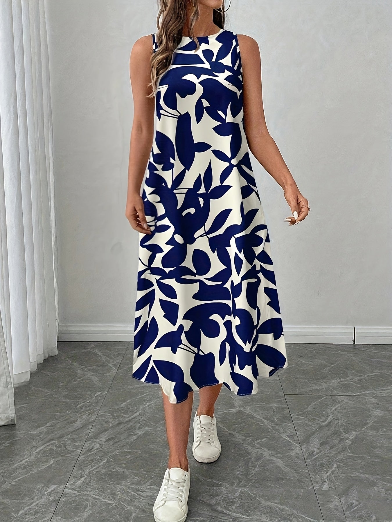 Women'S Elegant Floral Print Sleeveless Dress - Casual Summer Style, Round Neck, Lightweight Polyester, Perfect for Casual Attire, Allseason Dress | Floral Print Dress | Lightweight Dress