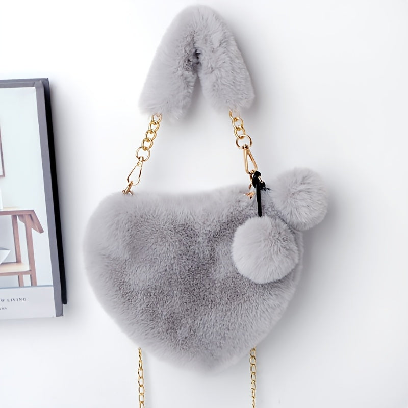 1pc Cozy Heart-Shaped Faux Fur Crossbody Bag, Polyester Plush Love Purse with Chain Shoulder Strap, Soft Pink/White/Black Fashion Handbag, Ideal for Christmas & Valentine'S Day Gifts