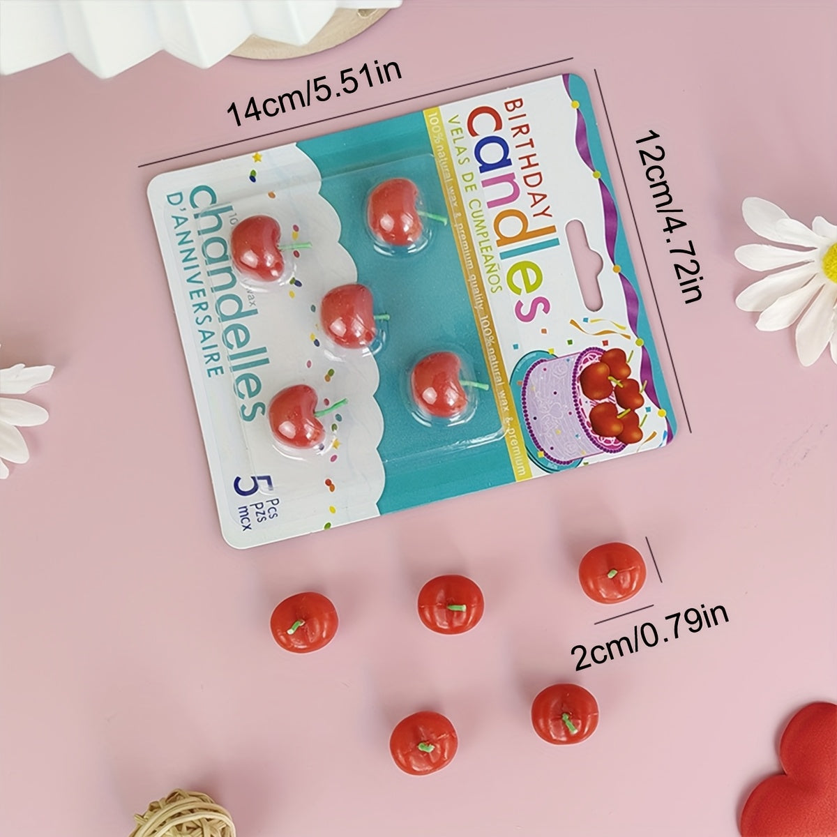 Ins Style Birthday Candles Three-Dimensional Fruit Cherry Cherry Shape, Five Pieces in a Box, Birthday Candles Cake Baking Decoration Holiday Party Party Supplies Decorative Candles