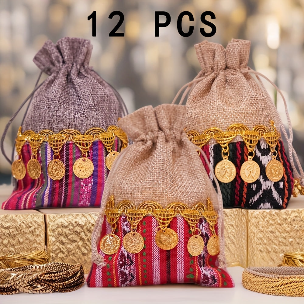 12pcs Vibrant Indian-Inspired Drawstring Bags - Durable Jute with Golden Coin Embellishments, Ideal for Jewelry, Weddings & Birthday Parties, Party Favor Bags|Traditional Design|Jute Material, Jewelry Bag