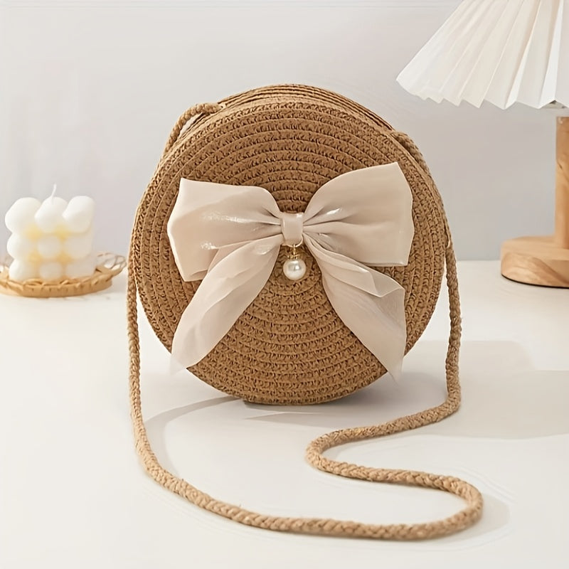 Elegant Coffee-Colored Round Woven Crossbody Bag with Pearl Bow Detail