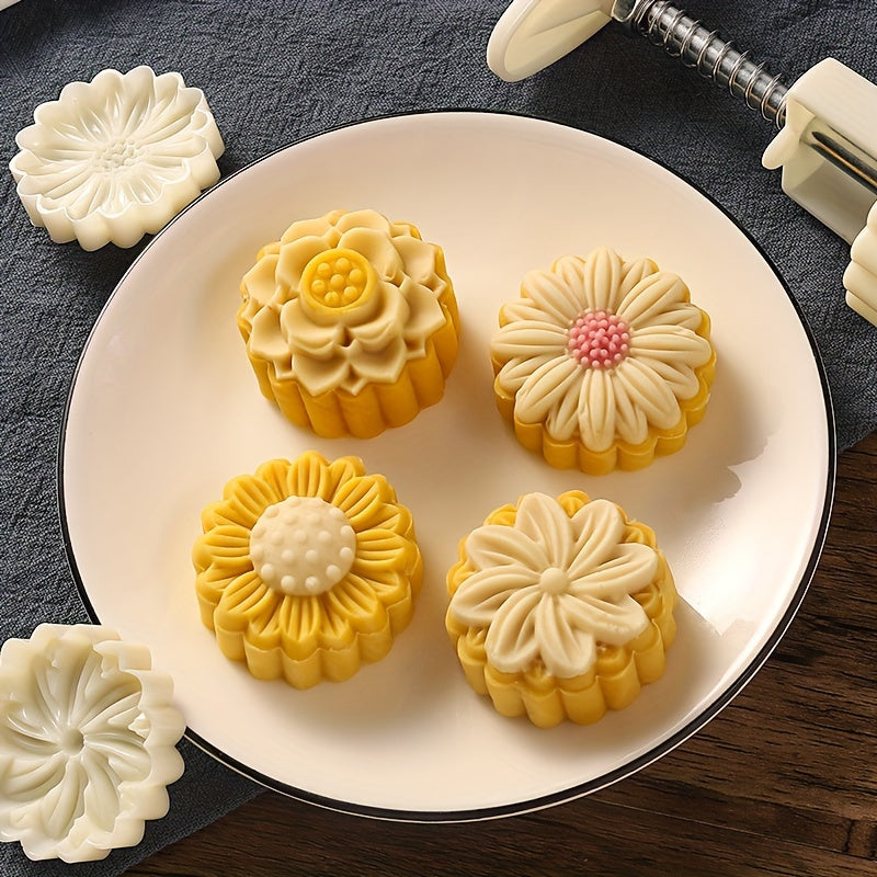 Flower Moon Cake Mold Set, Includes 1 Mold and 4 Stamps, DIY Hand Press Moon Cake Stamps, Mung Bean Cake, Cookie, Mid Autumn Festival Pastry Mold, Cookie Tools, Flower Shaped Moon Cake Maker, Baking Tools, Kitchen Gadgets