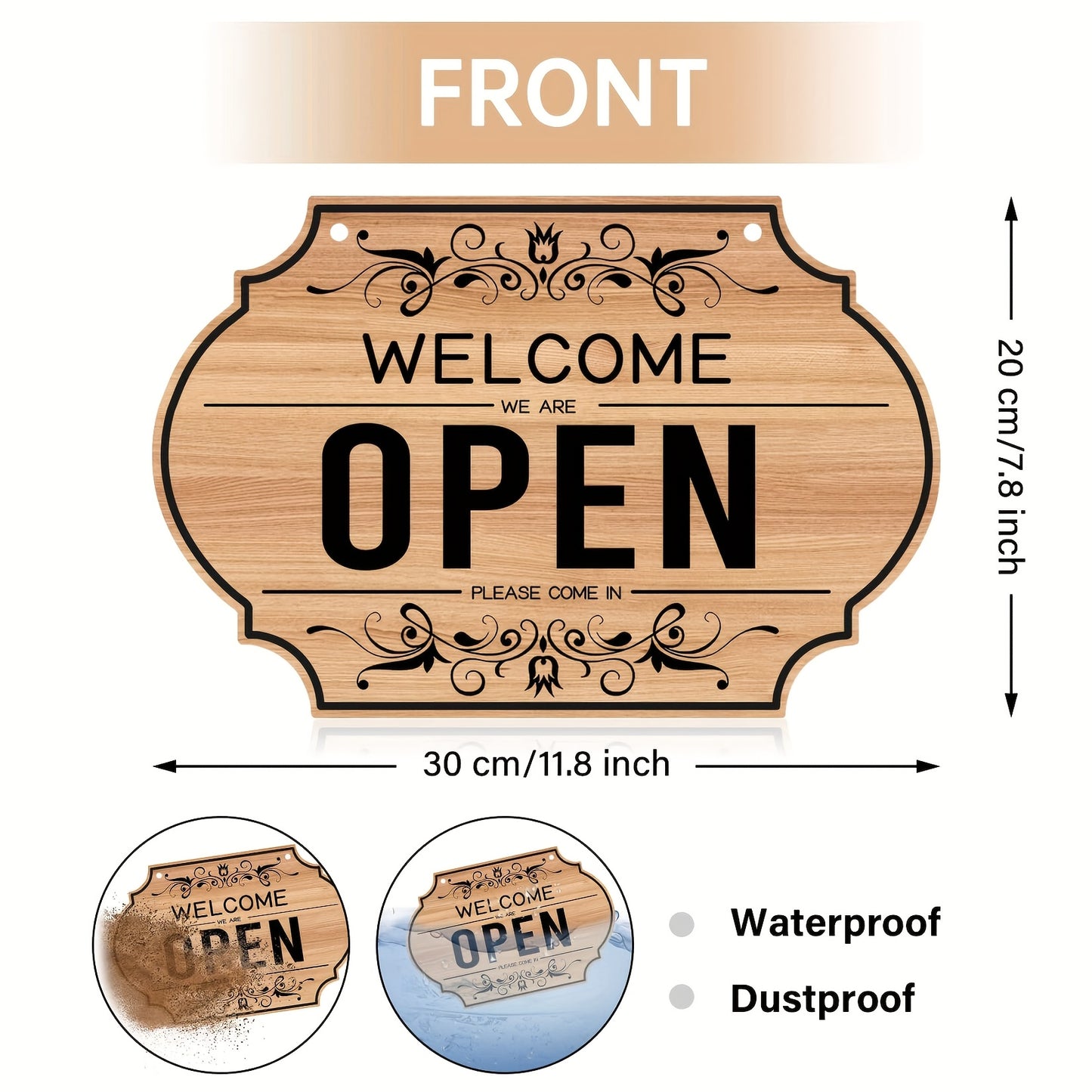 Double-Sided Open/Closed Sign - Durable PVC Business Hours Hanging Sign with Rope, Elegant Scrollwork Design for Shop, Bar, Hotel Wall or Window Display