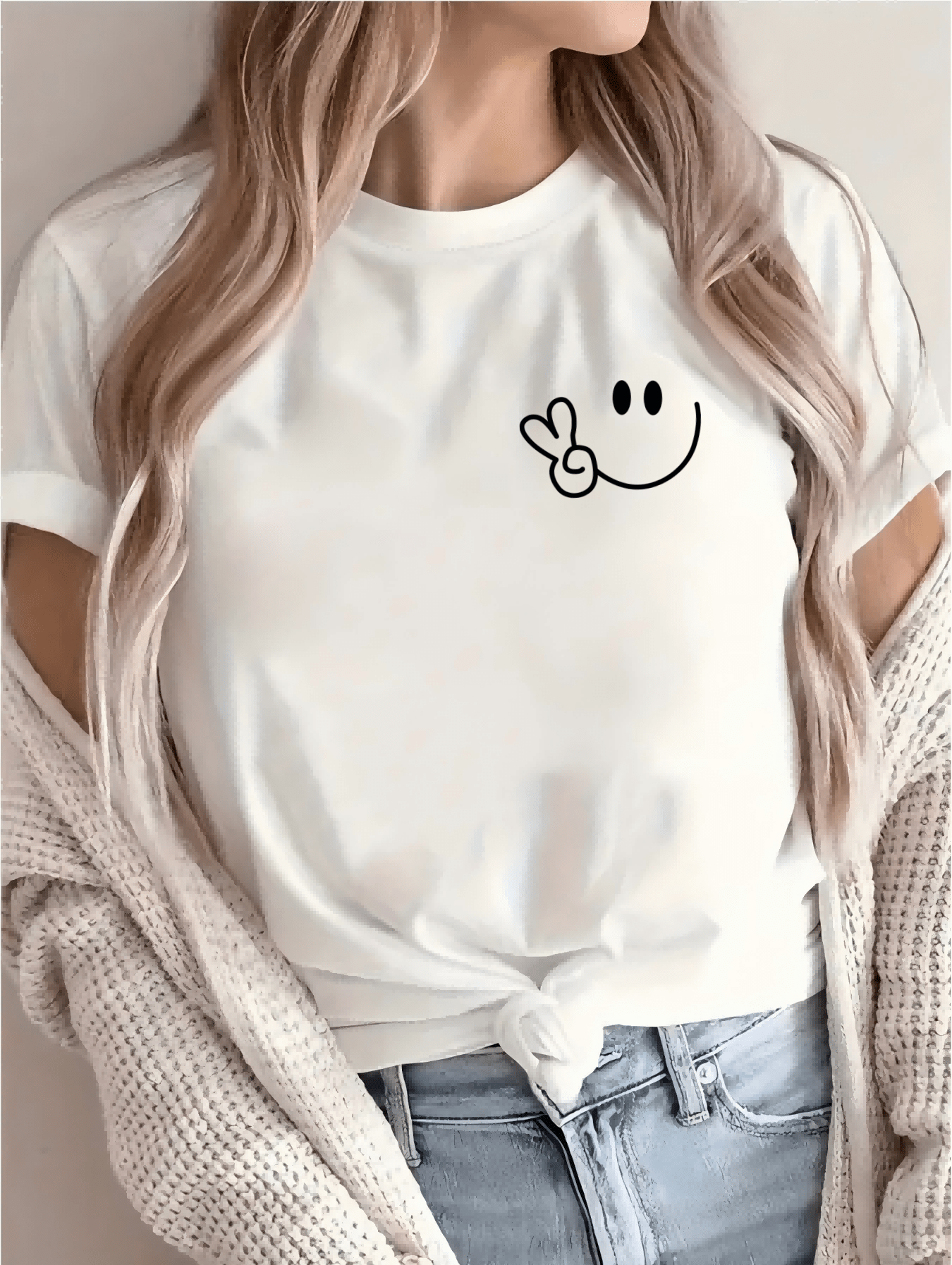 Women'S Casual Crew Neck T-Shirt with Smile Face Graphic, Short Sleeve, Regular Length, Letter Print Design, Soft Fabric, Perfect for Spring and Fall