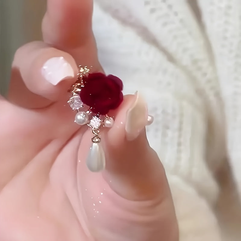 Red Rose Floral earrings - with Golden Leaves & Burgundy Roses