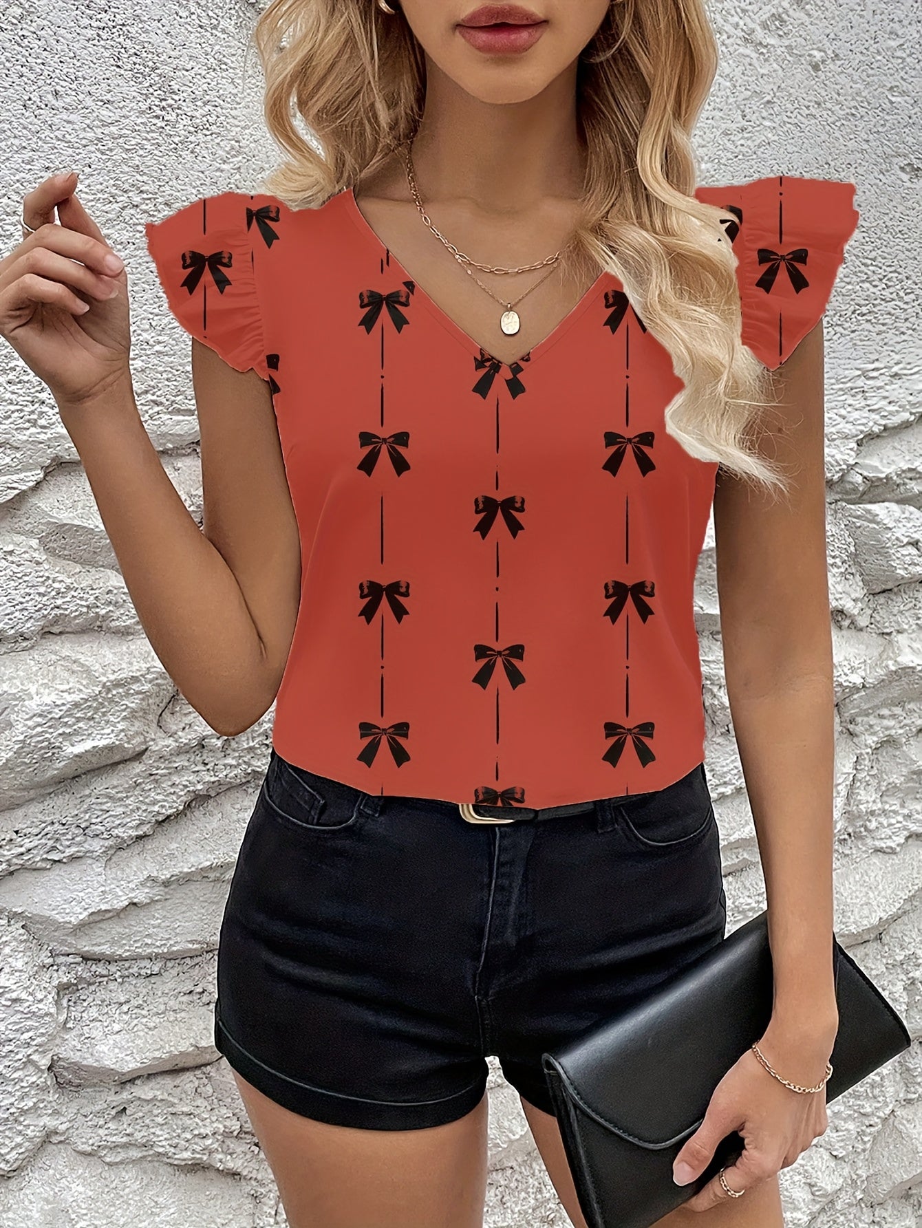 Graceful Women's Bow Print Flutter Sleeve Blouse Short-Sleeve Top