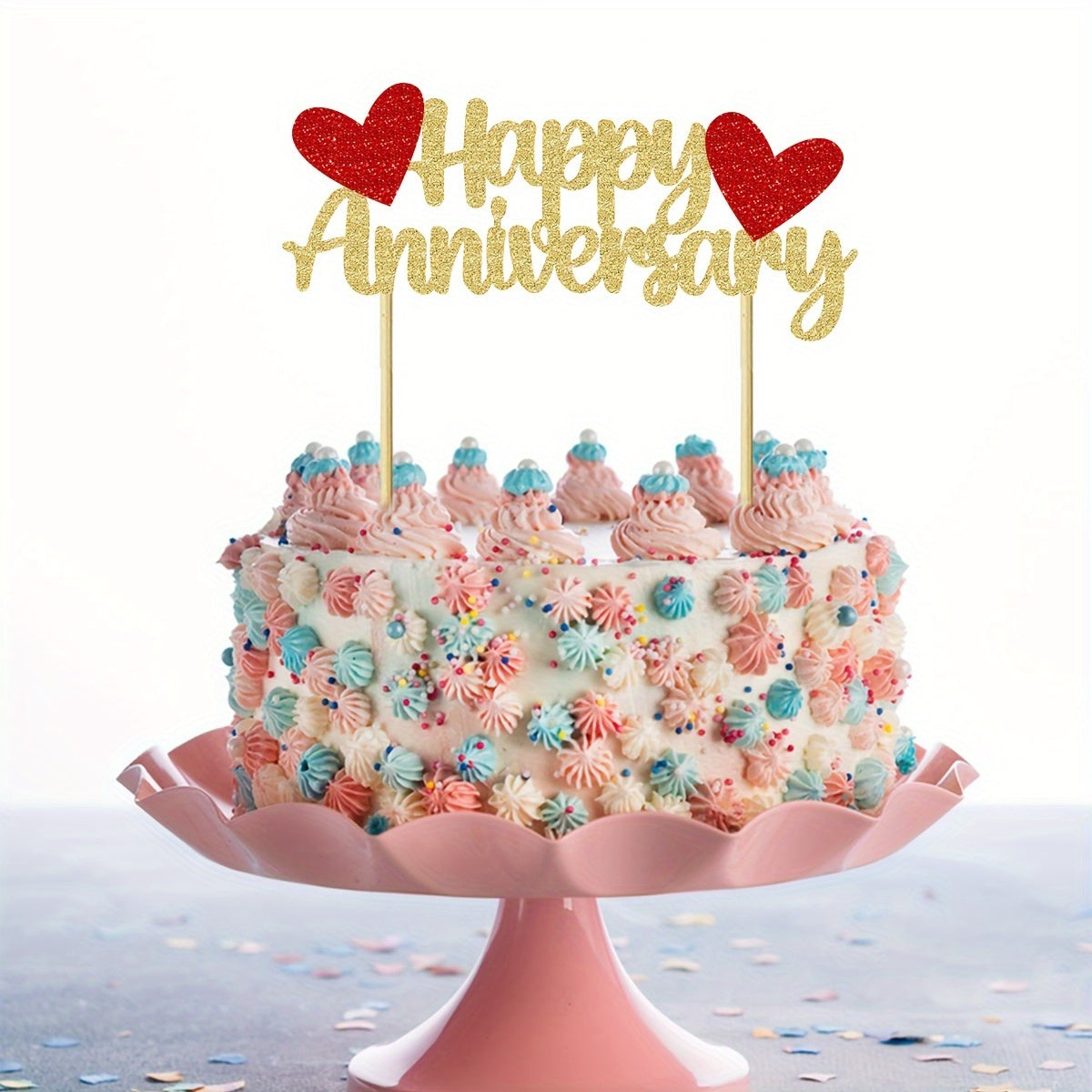 1 Pack Bamboo Happy Anniversary Cake Topper, Glittering Non-Electric Universal Holiday Cake Decoration Supplies for Wedding Celebrations for Halloween, Christmas Event & Party Supplies