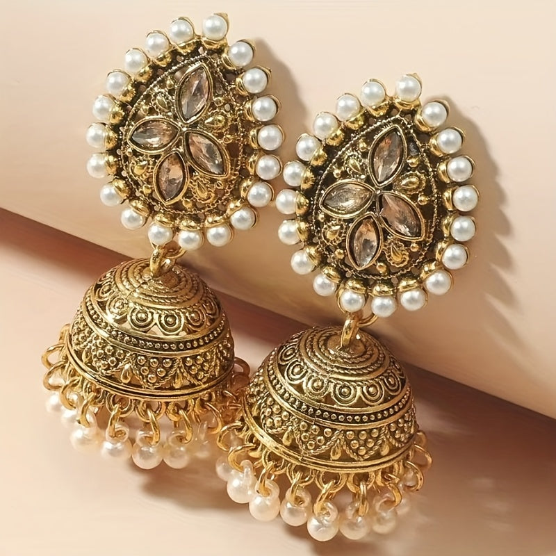 Bohemian Ethnic Golden-Tone Earrings with Imitation Pearl Accents & Synthetic Stones