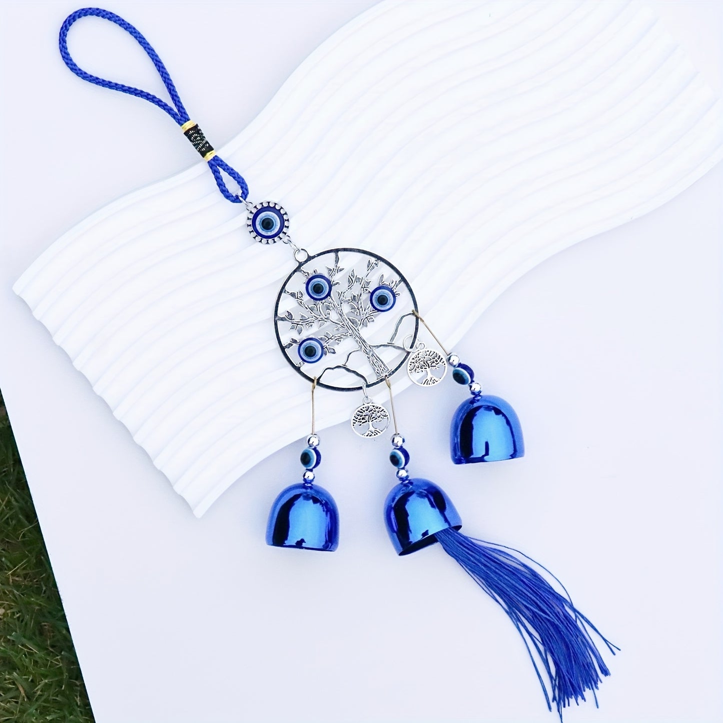 1pc Blue Evil Eye Wind Chime with Tassels – Metal Wall Hanging Decor for Outdoor, Balcony, or Patio – Intricate Design with Bells and Threads in Blue and Yellow, Wind Chimes for Outside