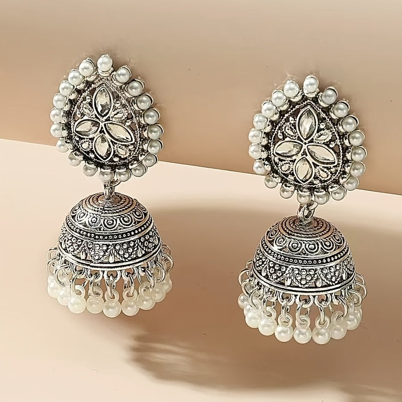 Bohemian Ethnic Golden-Tone Earrings with Imitation Pearl Accents & Synthetic Stones